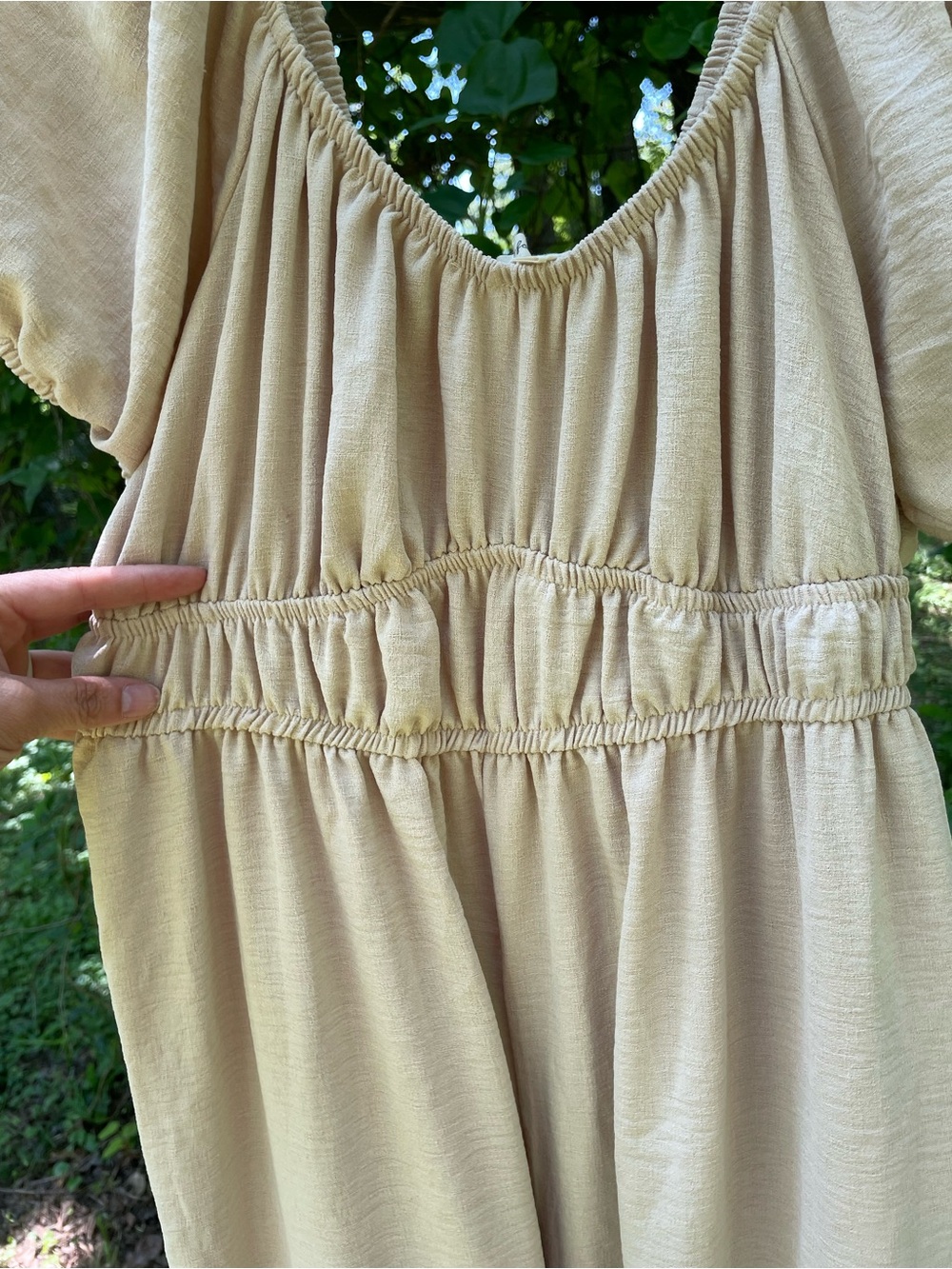Free For All XL Beige Puff Sleeve Smocked Wide Leg Jumpsuit Cottagecore Boho - Picture 4 of 5